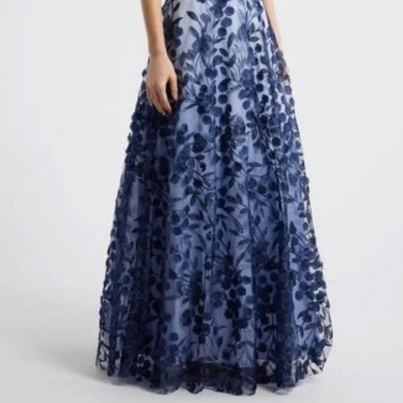 Eliza J Navy Blue Embroidered Floral Illusion Lace A-Line Gown - Picture 3 of 5